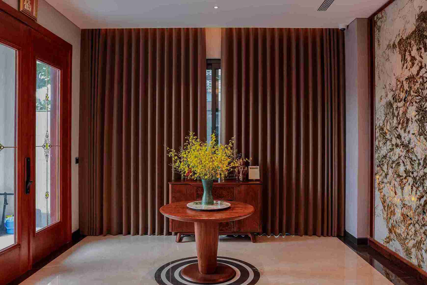 Mustard and sheer curtains in a modern living room — Veloura Drapery curtain styling